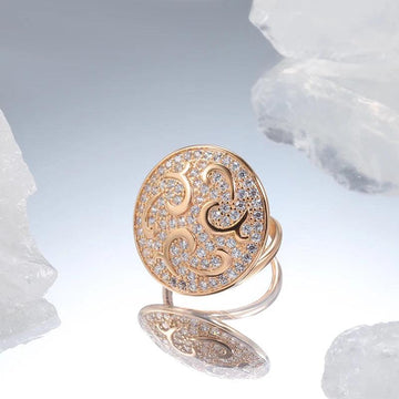 Luxury AAA Zircon Diamonds 14K Rolled Rose Gold Crystal Flowers Big Round Ring For Women - Engagement Jewellery